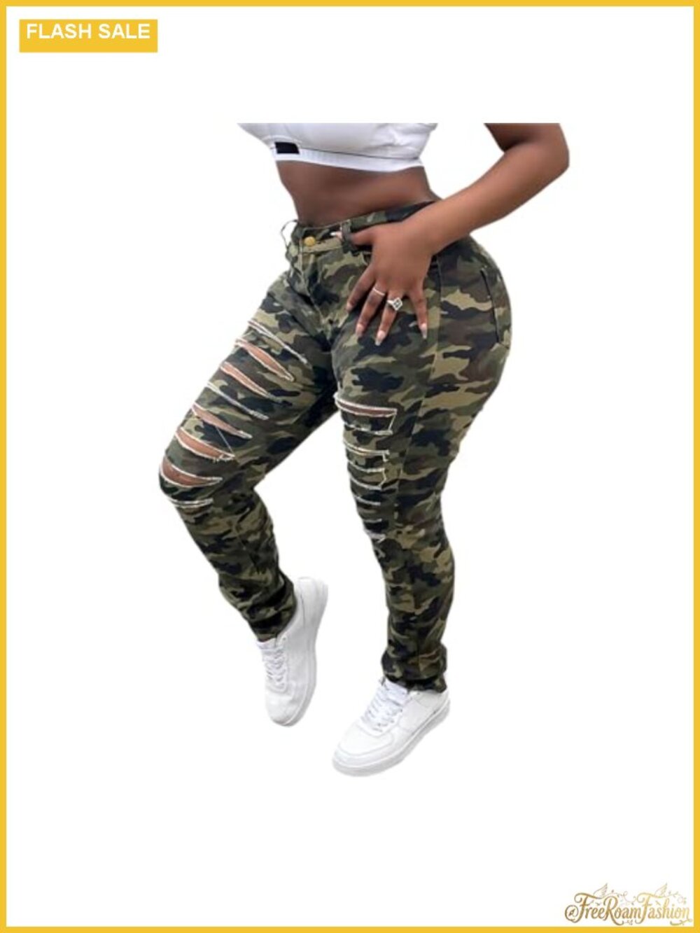 Women's High Waisted Ripped Skinny Jeans Stretchy Butt Lifting with Camo Print